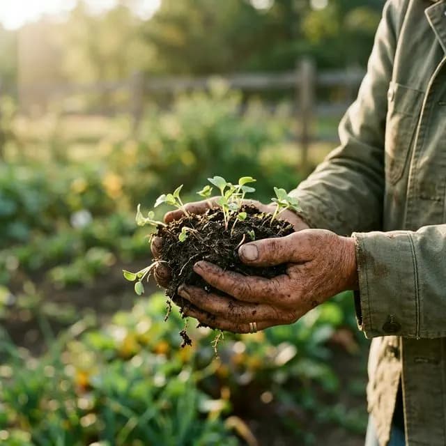 Hands holding fresh soil and sprouts